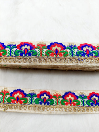 Beige Art Silk Lace Trim in Floral Embroidery, Gold Sequins Embellishments, Decorative Trim